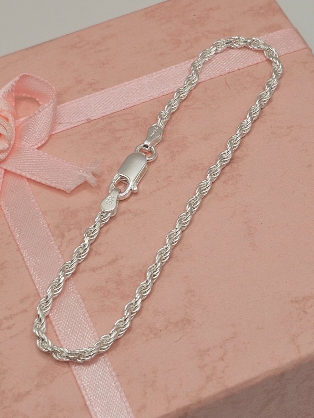 Sterling Silver 925 High Polished Diamond Cut Rope Bracelet 2.5mm 7 inches